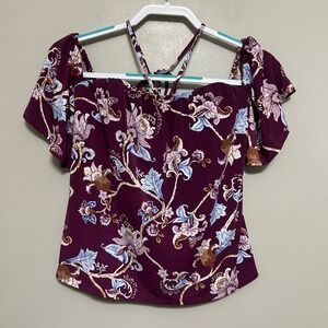 White House Black Market Blouse Womens 2 Purple Floral Paisley Milkmaid Crop Top